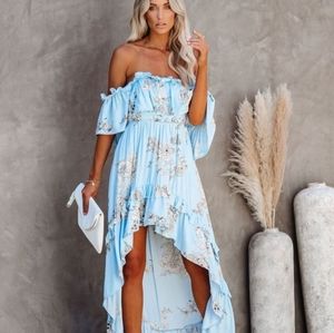 Vici Boho Blue Floral Off The Shoulder Pocketed Rsvp High Low Ruffled Maxi Dress